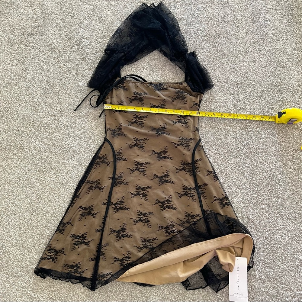 Whimsygoth Black Lace Overlay Fitted Mini Dress with Lace Bell Sleeves NWT - Picture 10 of 10
